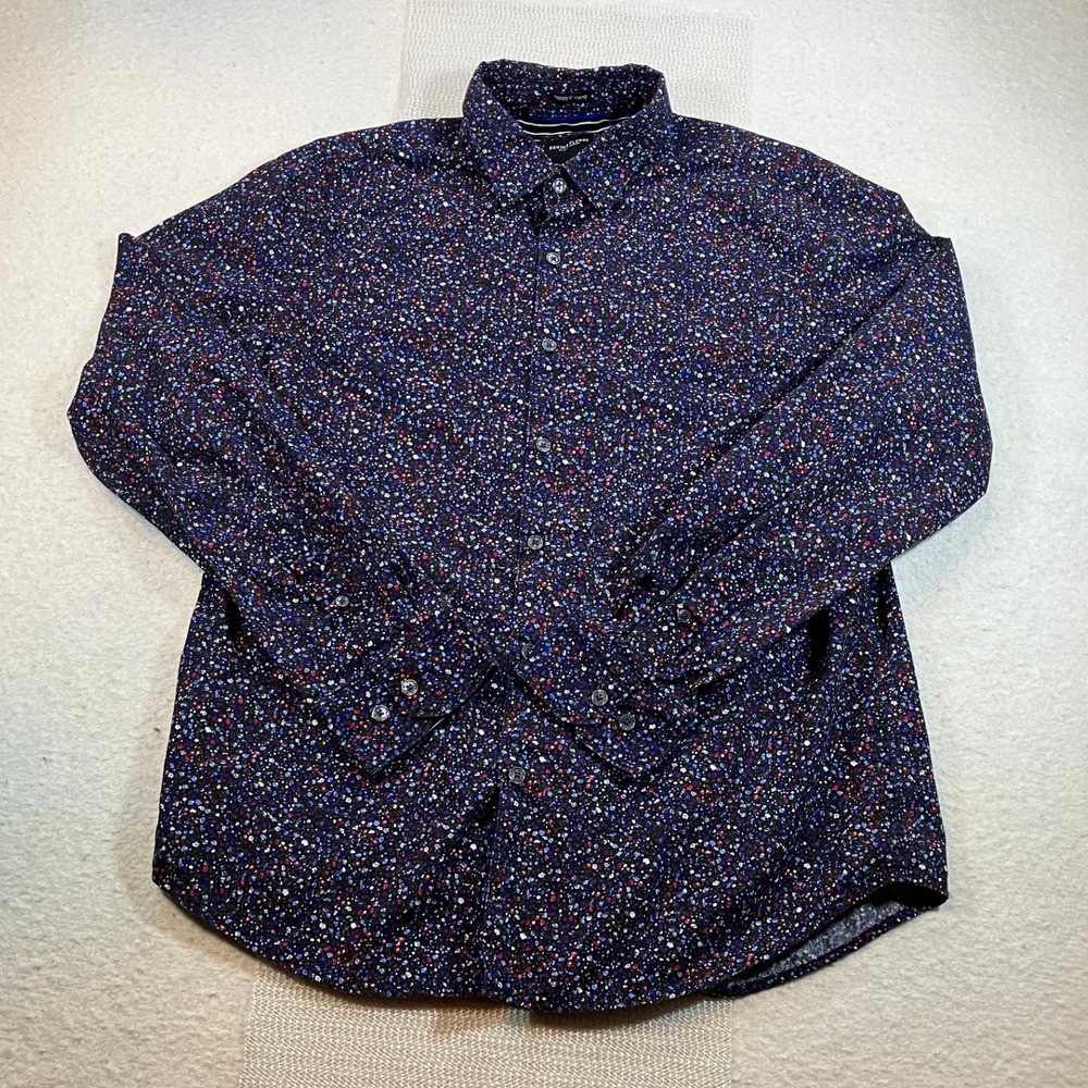 Denim & Flowers Mens Large Slim Fit Speckled Floral Button Down Shirt Navy Blue